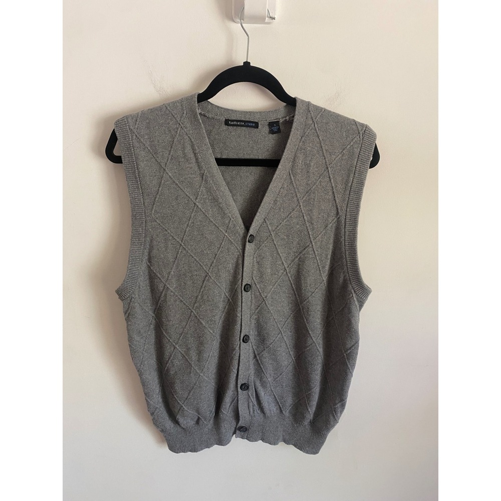 Van Heusen Studio Mens Small Gray Cotton Diamond Knit Button Front Sweater Vest